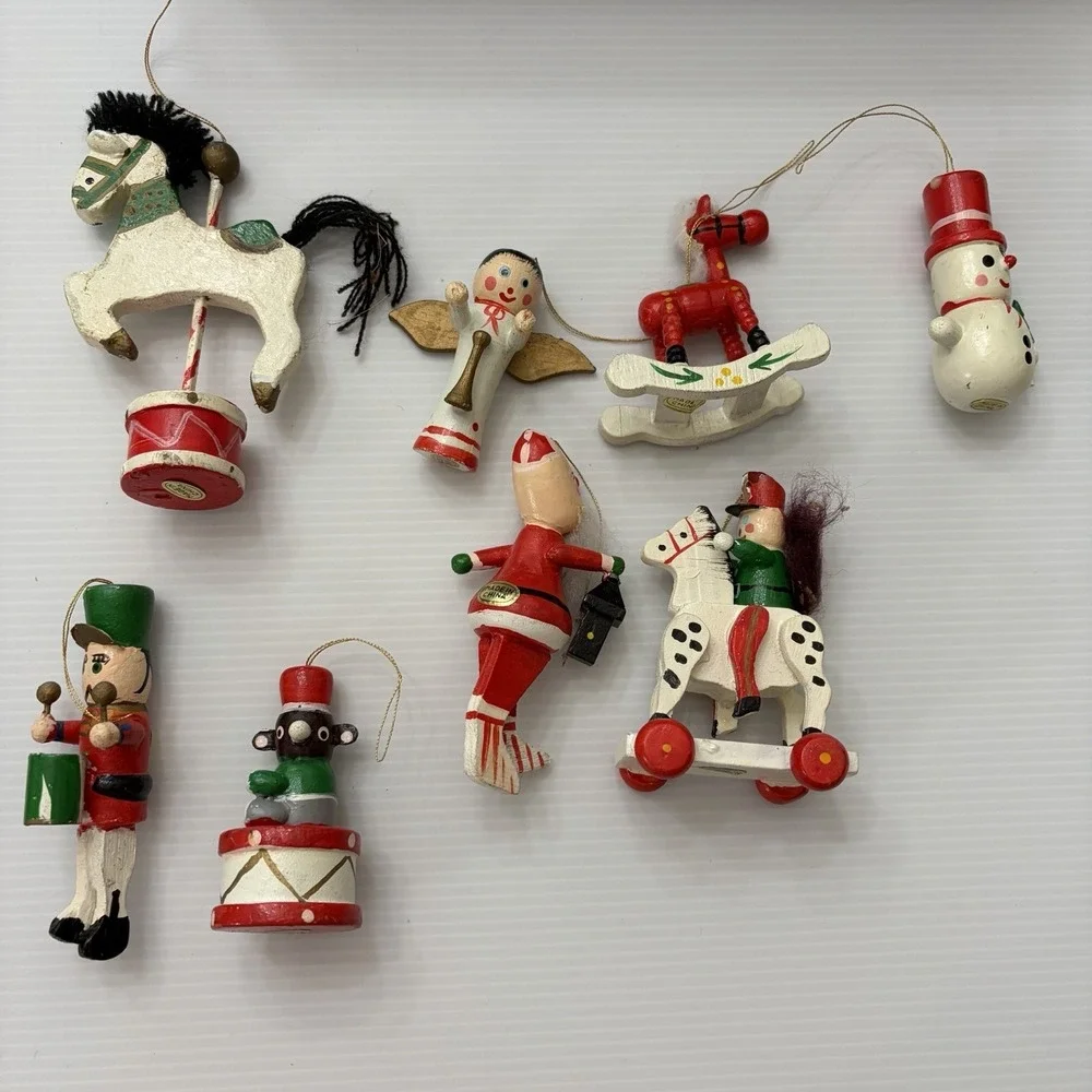 Vintage 70s 80s Wooden Christmas Tree Ornaments Lot Of 8 Folk Art Angel Santa